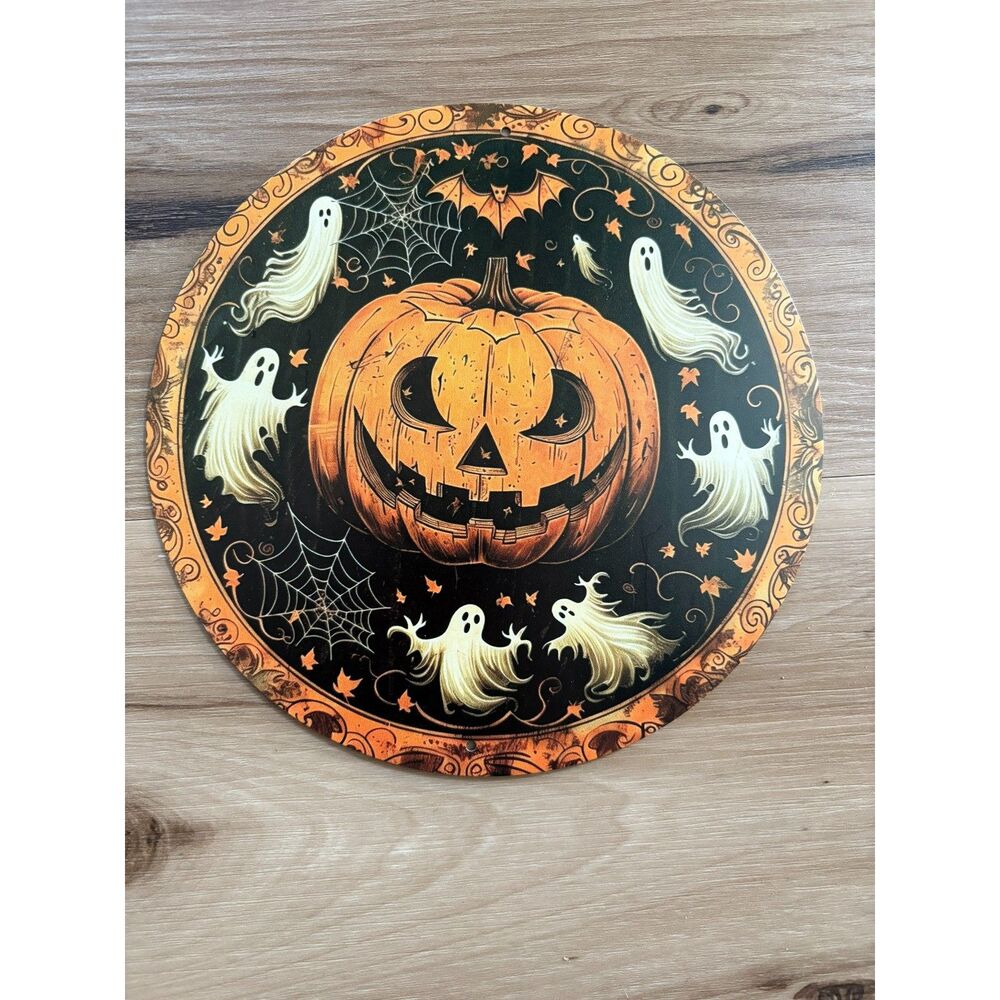 Vintage Style Spooky Ghosts & Jack-O'-Lantern 8" Round Metal Sign – Halloween